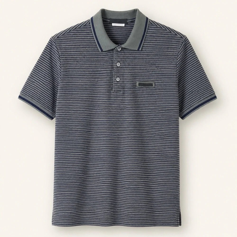 Prada Mens Grey Navy Striped Ribbed Collar Polo Shirt Medium Tipped Pique EUC